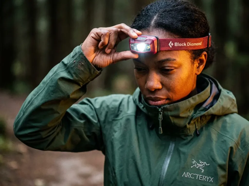 Hiker adjusting the beam tilt on a bright night hiking headlamp.