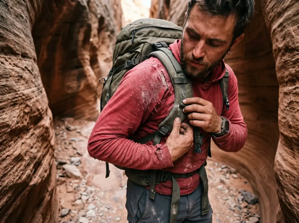 Male hiker inspecting alkali dust degradation on a synthetic sun hoodie.