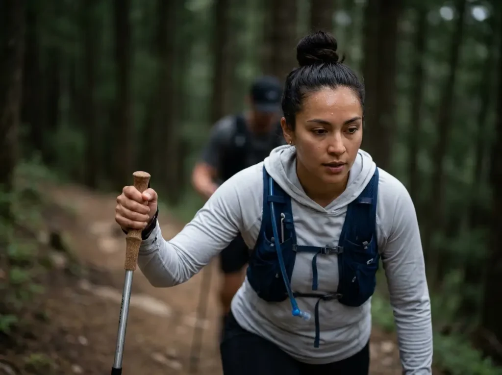 Female hiker maintaining steady alpine pace with trekking poles