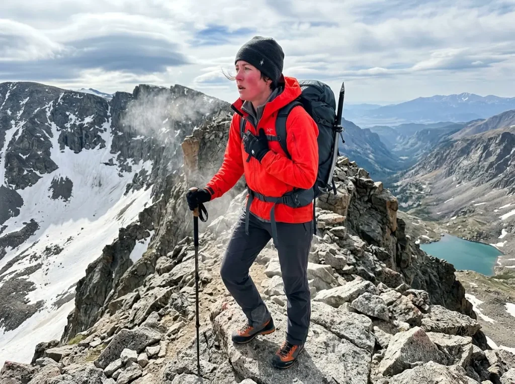 Female mountaineer stopping on high-altitude ridge to assess breathing difficulty — altitude anaphylaxis risk
