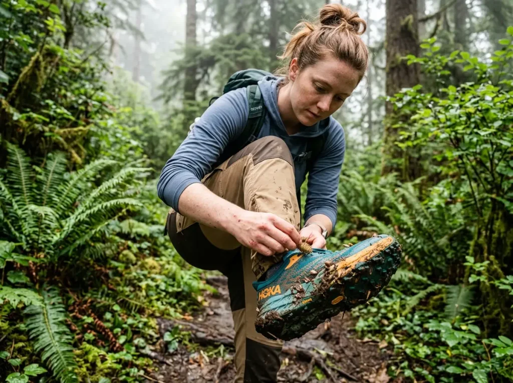 Close up of Hoka trail runners showing mucilaginous seeds trapped in porous mesh and deep tread.