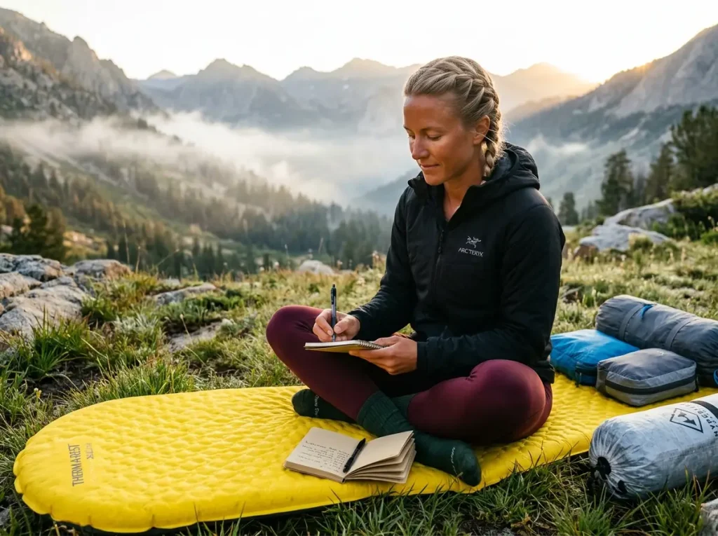 Hiker writing in a waterproof journal at camp to maintain a daily anti-loneliness schedule.