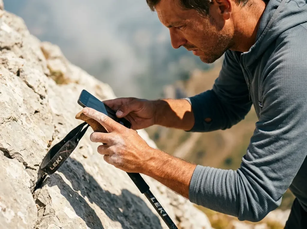 Hiker using a trekking pole to stabilize optical camera zoom