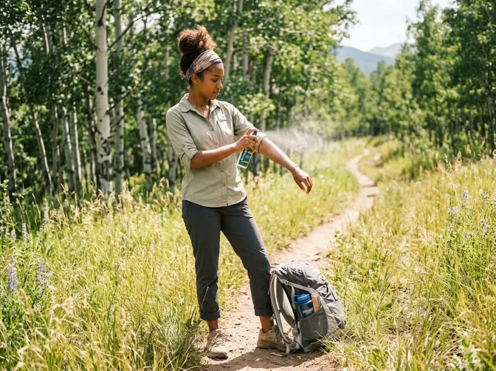 Hiker applying picaridin spray to arms on a sunny trail surrounded by tall grass