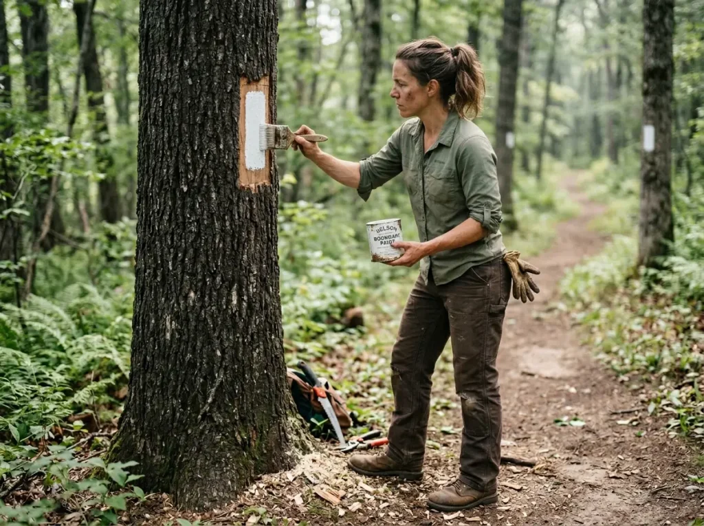 Trail maintainer applying fresh white paint to tree bark with a brush to mark the correct hiking path.