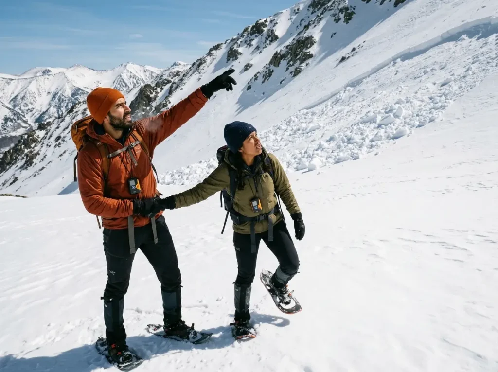 Two hikers on snowshoes spotting fresh fracture line — red flag avalanche terrain awareness on approach   