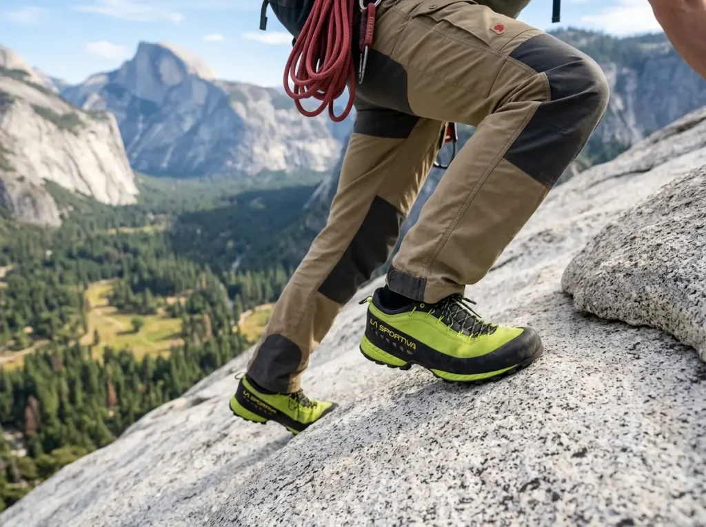 Approach shoe with high-friction rubber smearing optimally on a steep granite slab