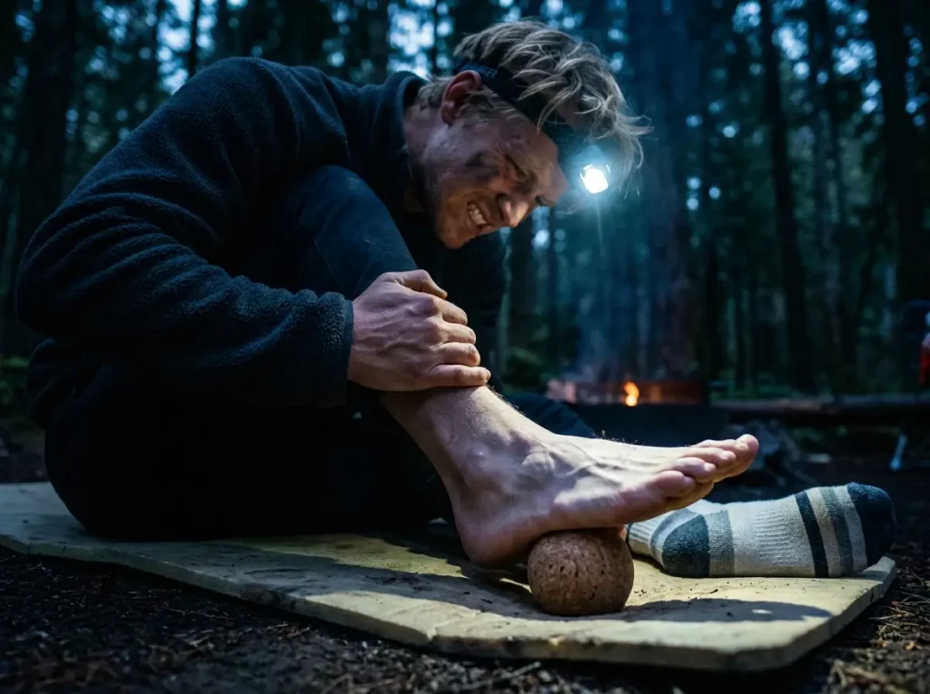 Hiker using cork massage ball on arch for evening foot recovery in camp