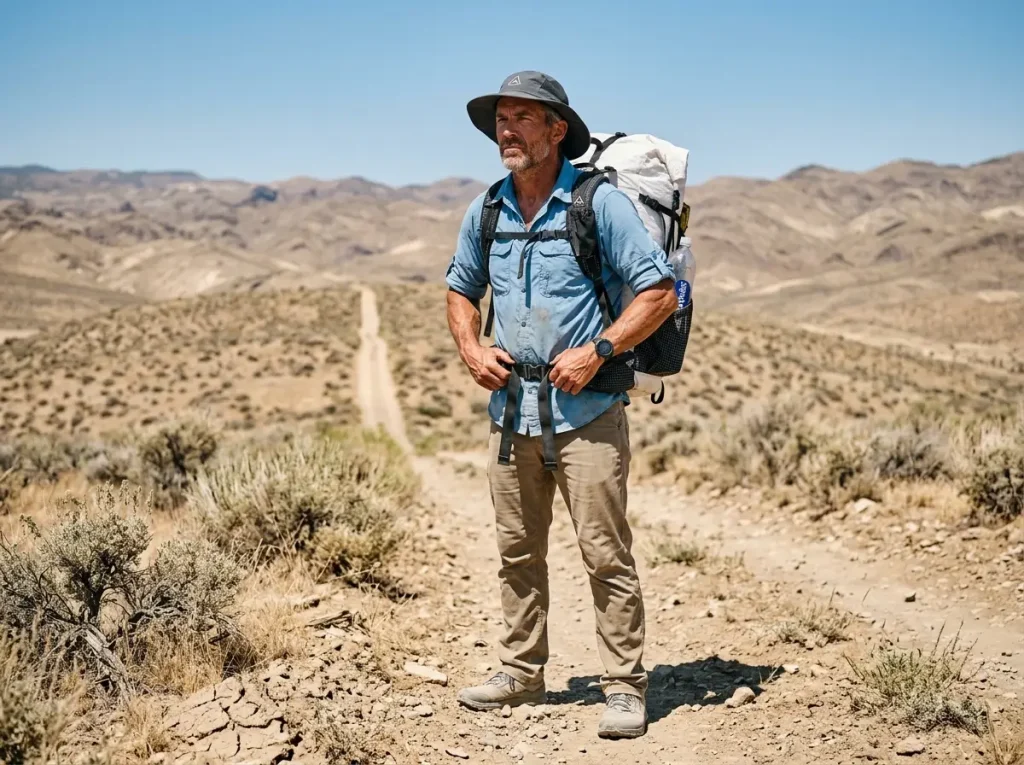 Male hiker crossing a long desert trail where the psychological attrition hits hardest.