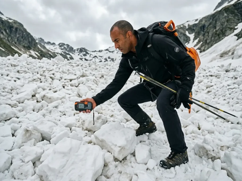 Hiker performing avalanche beacon search with Mammut Barryvox S2 in debris field — essential snow safety gear
