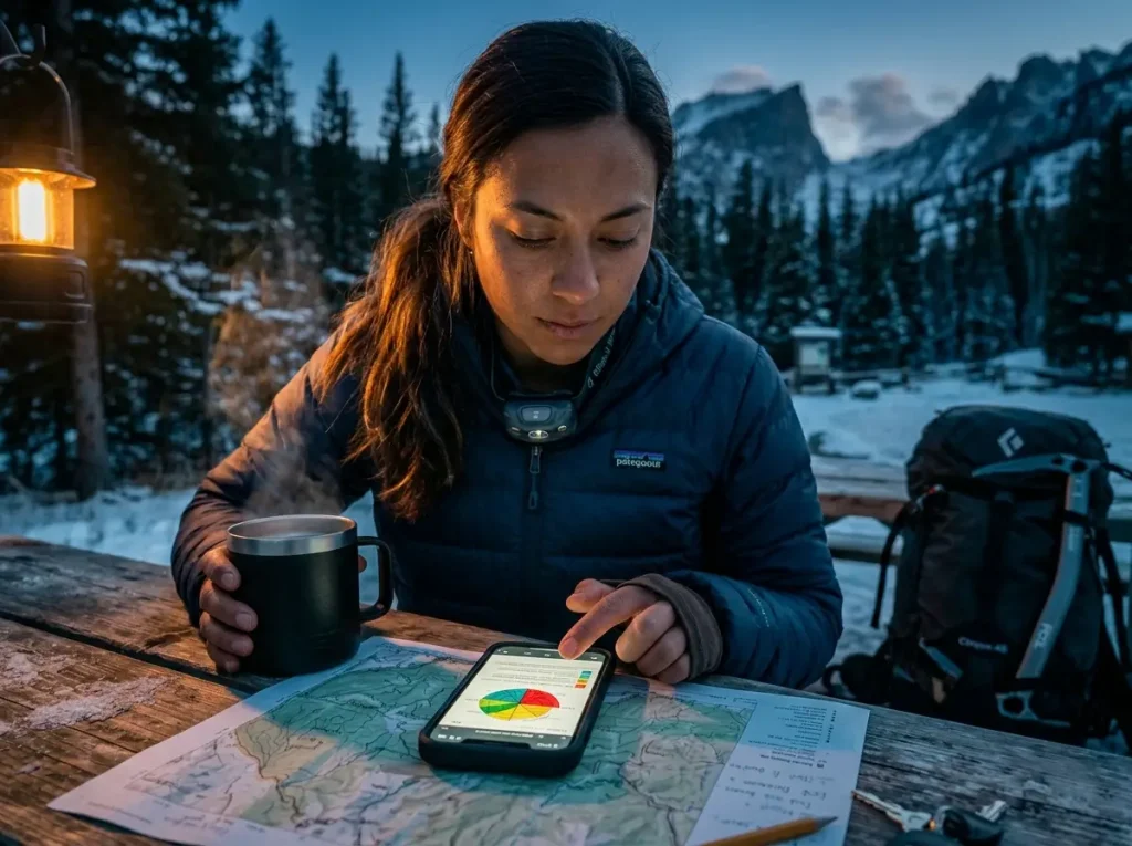 Hiker reading avalanche bulletin and danger rose forecast before backcountry snow travel 