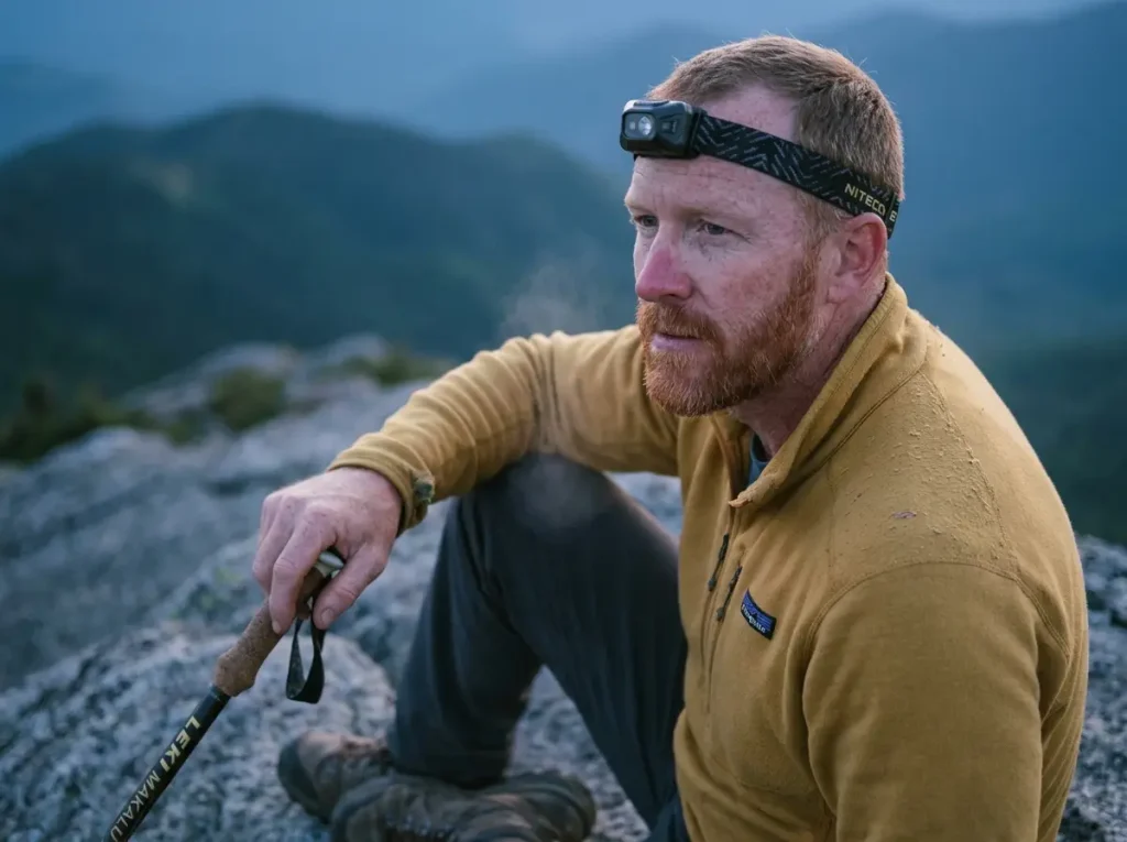Hiker using peripheral night vision techniques during a twilight hike.
