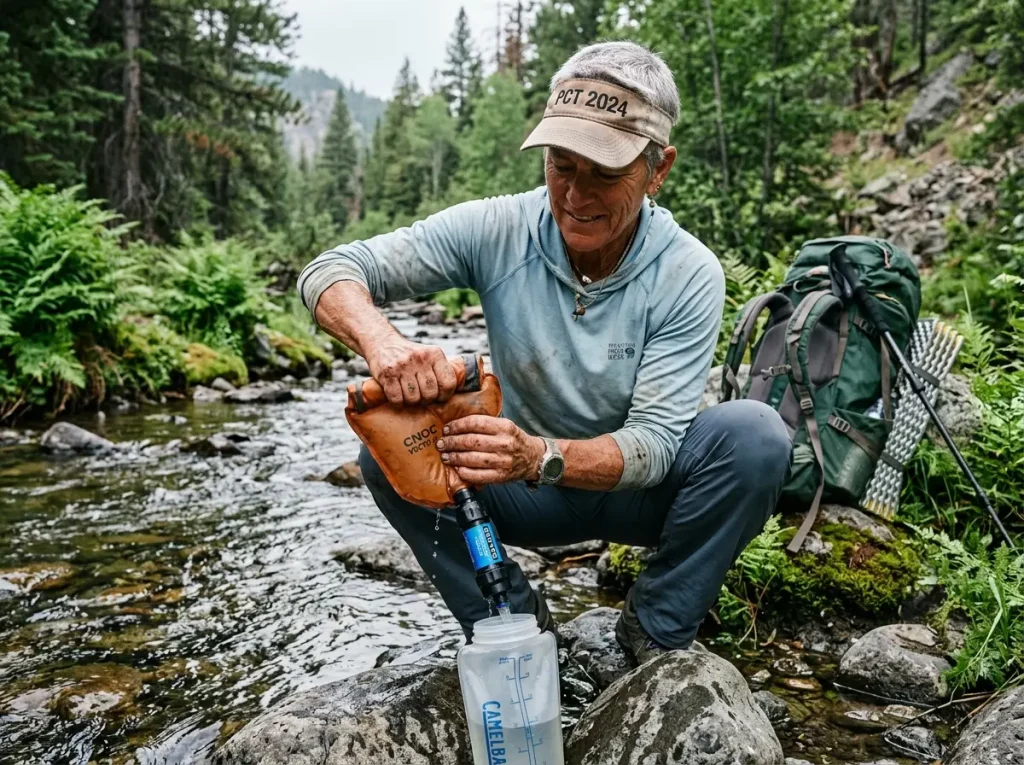 Experienced trekker carefully squeezing water through a backcountry filter into a collection bag at a remote stream