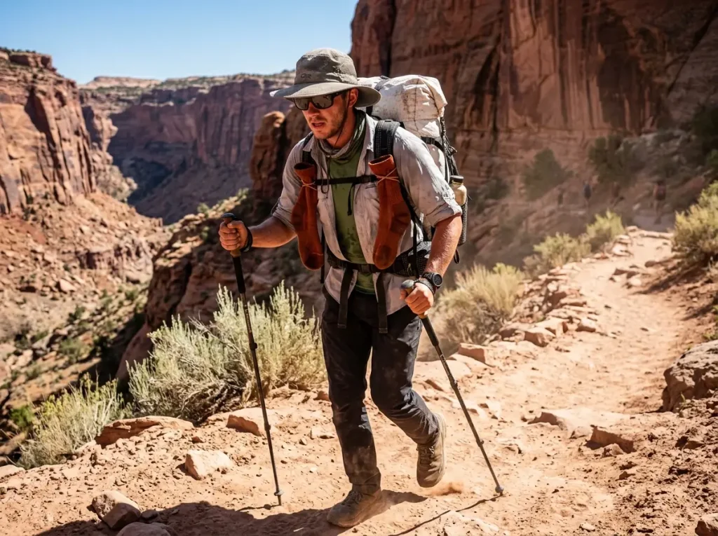 Thru hiker drying damp Darn Tough socks under his backpack shoulder straps as part of his sock rotation strategy.