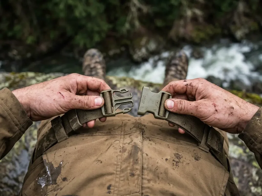 Unbuckling backpack straps before learning how to cross a stream safely on foot.