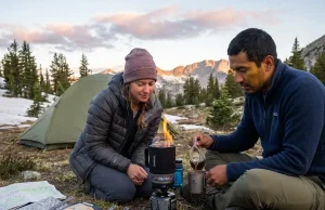 7 Best Backpacking Stove Systems for Two 2026 Couple cooking on a backpacking stove system for two at alpine dawn, integrated canister stove and pot at high-country camp.