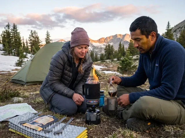 backpacking-stove-system-for-two-alpine-dawn-couple Couple cooking on a backpacking stove system for two at alpine dawn, integrated canister stove and pot at high-country camp.