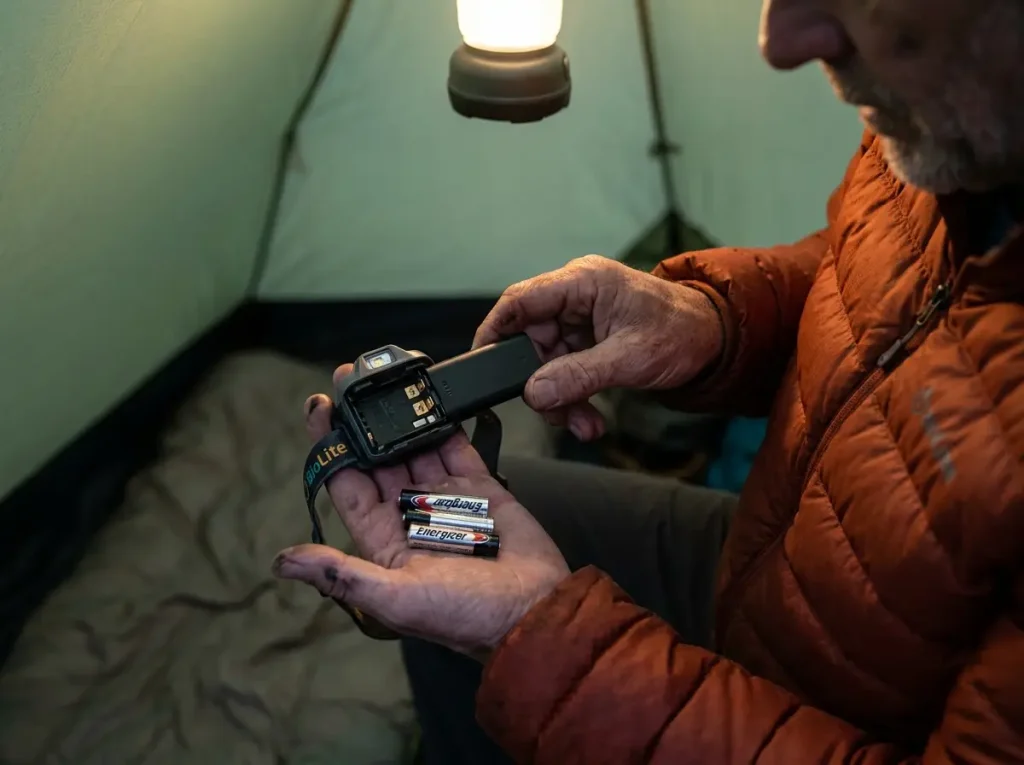 Backpacker swapping backup AAA batteries into a headlamp inside a tent.