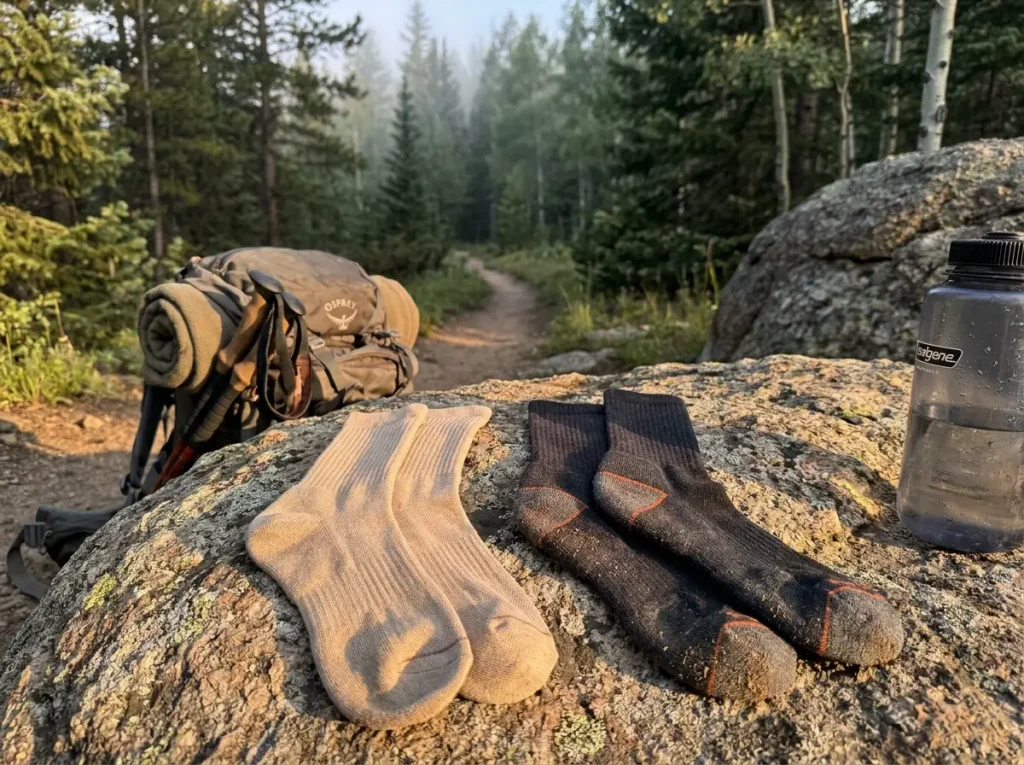 Bamboo and merino hiking socks side by side on a rocky trail at sunrise