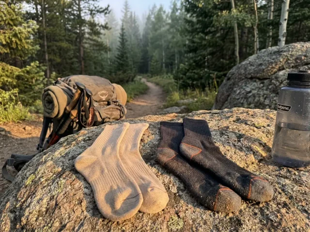 bamboo-vs-merino-hiking-socks-trail-comparison Bamboo and merino hiking socks side by side on a rocky trail at sunrise