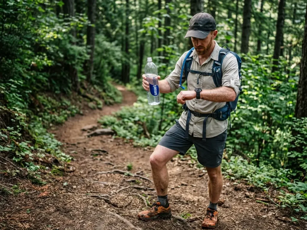Backpacker checking smartwatch data and water bottle volume to calculate baseline hydration demand and sweat rate on the trail