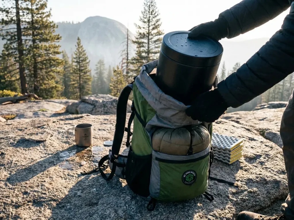 Loading a bear canister into a Six Moon Designs Swift V ultralight backpack at a Sierra camp