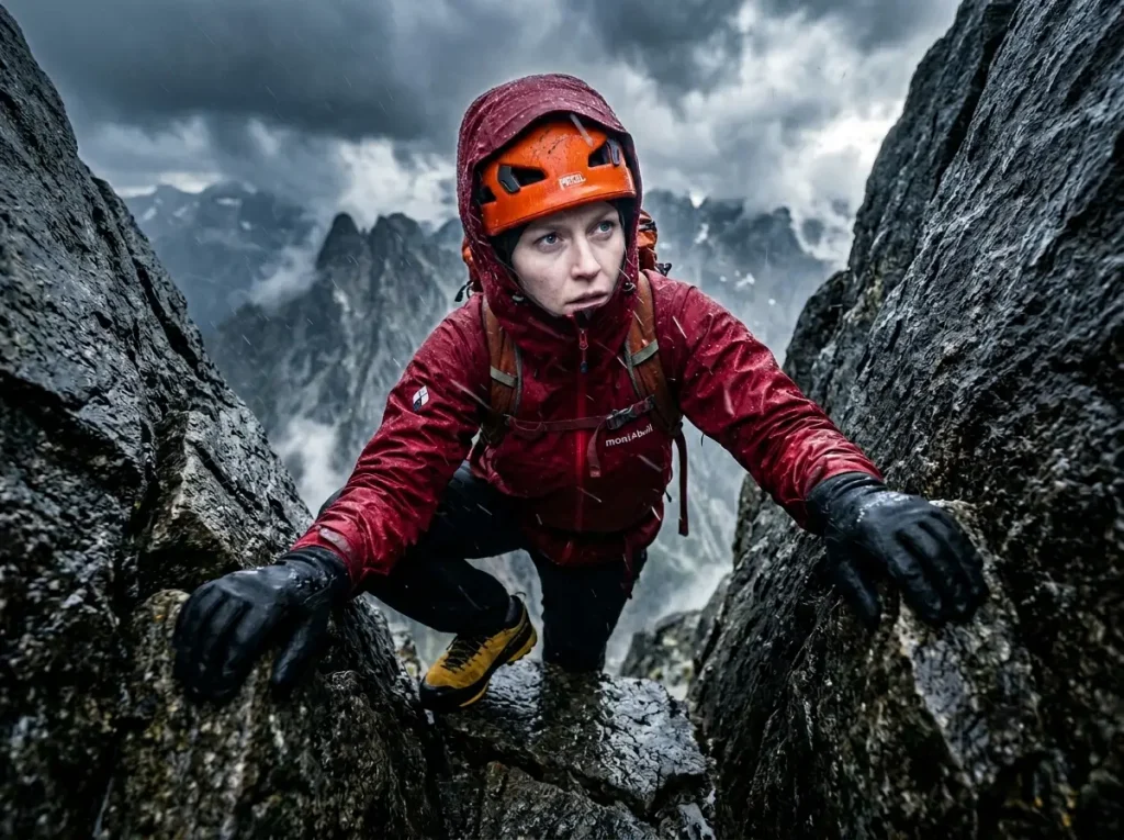 Mountaineer wearing a rain jacket climbing a wet rock face in high winds