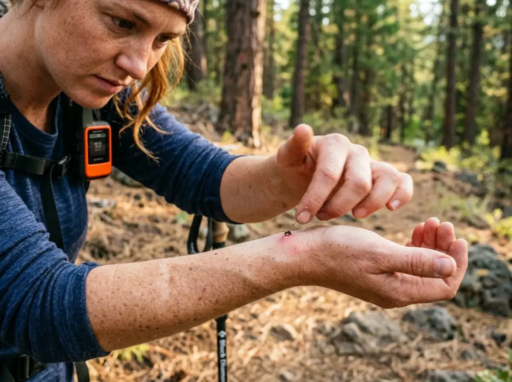Hiker removing bee stinger from forearm with thumbnail on wooded trail — speed over technique
