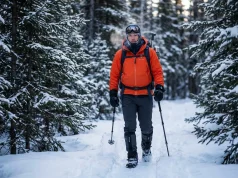 Below Zero Hiking Clothes a Head to Toe Layering Plan Hiker dressed in full layering system walking a snowy trail in subzero conditions