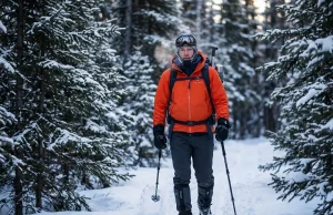 Below Zero Hiking Clothes a Head to Toe Layering Plan Hiker dressed in full layering system walking a snowy trail in subzero conditions