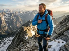 Best Active Insulation Jackets for Stop-and-Go Hikes Rugged male hiker wearing an active insulation jacket for stop and go hiking during an alpine ascent.