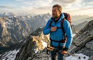 Best Active Insulation Jackets for Stop-and-Go Hikes Rugged male hiker wearing an active insulation jacket for stop and go hiking during an alpine ascent.