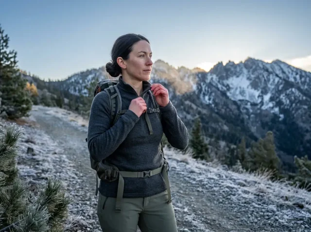 best-base-layer-cold-weather-hiking-hero Hiker wearing a merino wool base layer at cold alpine trailhead in early morning frost