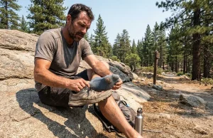 Best Hiking Socks for Sweaty Feet 2026 Hiker on dusty summer trail removing boot to show moisture-wicking merino hiking sock