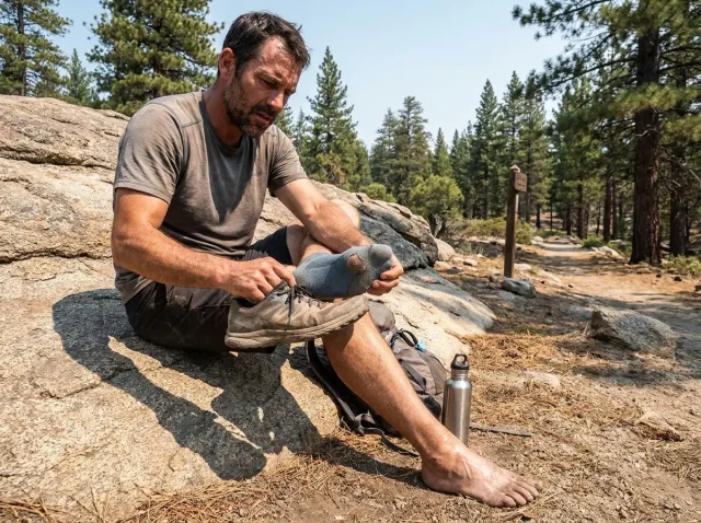 best-hiking-socks-sweaty-feet-hero Hiker on dusty summer trail removing boot to show moisture-wicking merino hiking sock