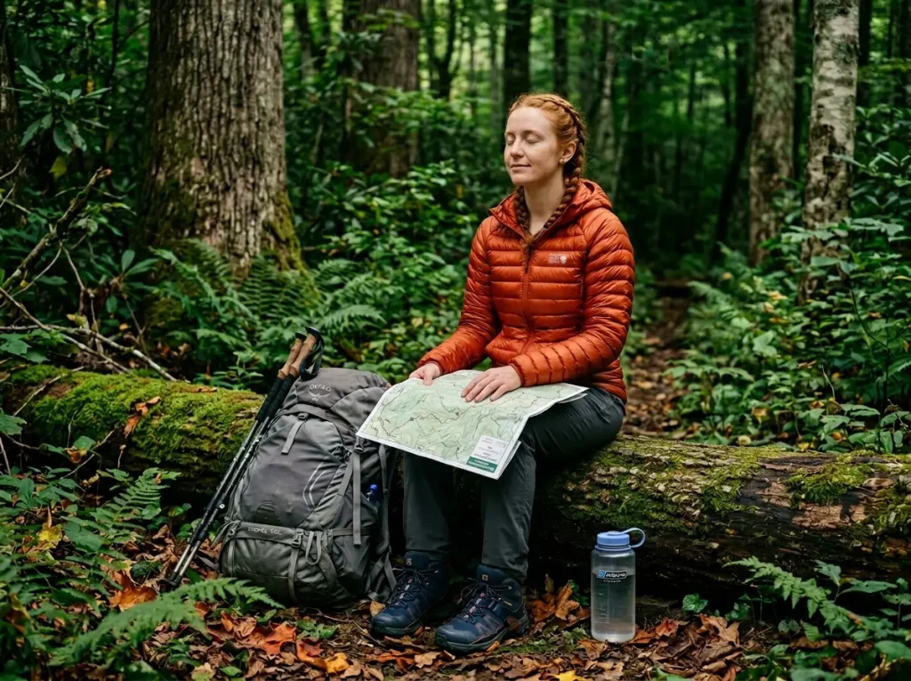 Female hiker taking a deep breath in a dark forest to manage the biology of trail isolation.