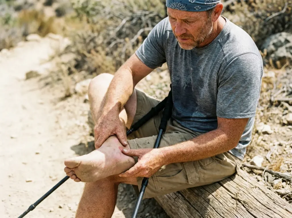 Thru-hiker inspecting heel blister to understand the biology and realities of foot care