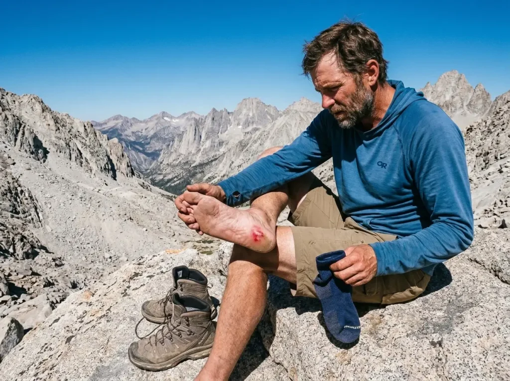 Male hiker inspecting a red hot spot on his heel during a multi day hike holding a Smartwool sock.