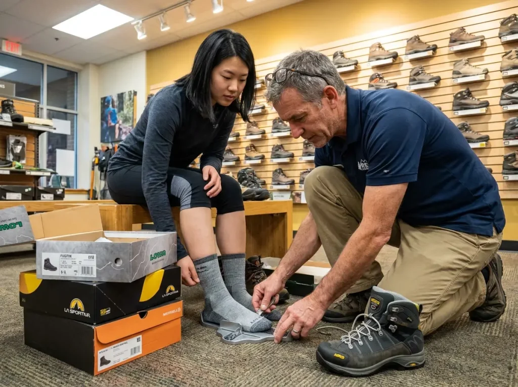 Boot fitter measuring foot width with Brannock device in outdoor gear store