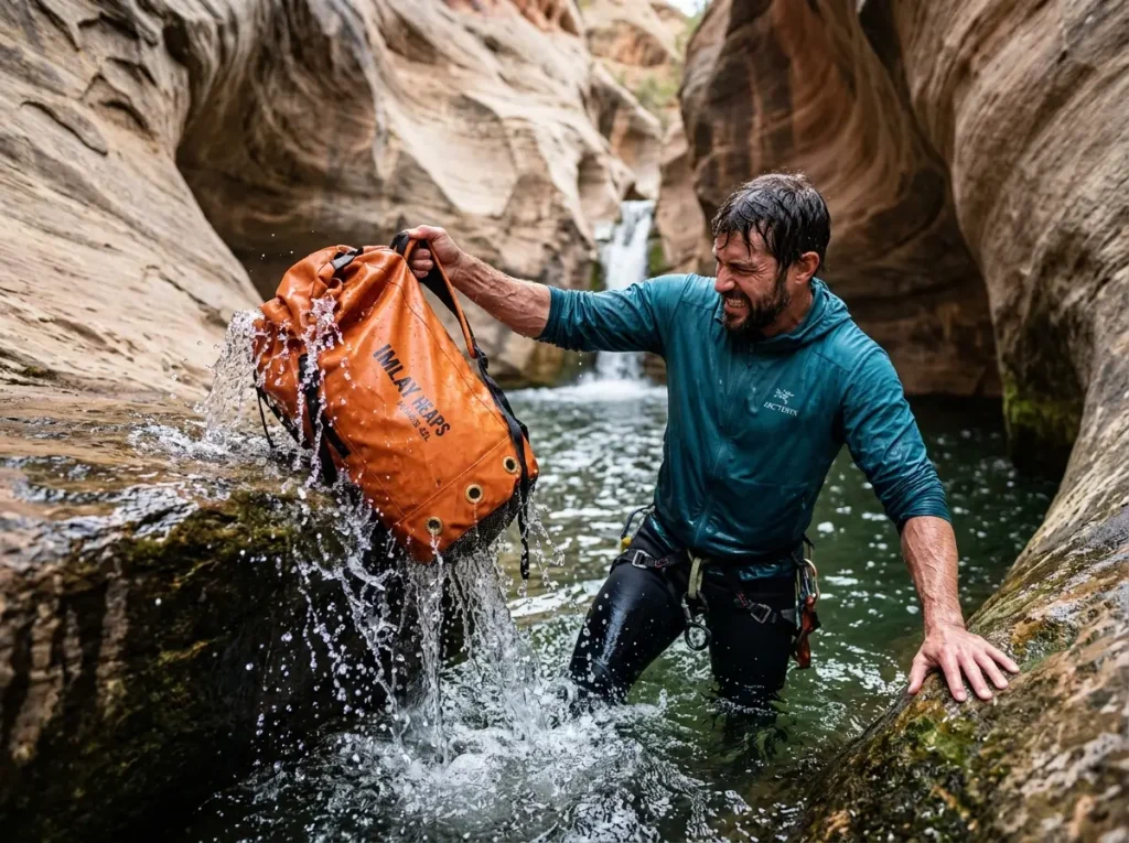 Canyoneering pack draining water rapidly through bottom holes