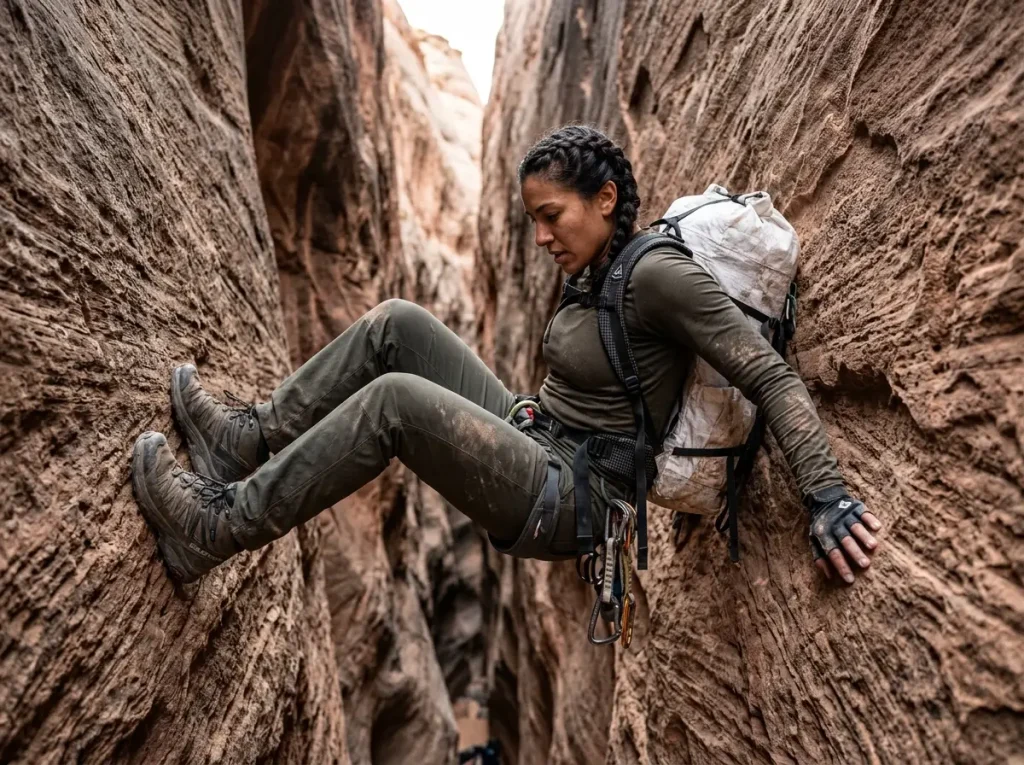 Female canyoneer using chimney technique in a narrow abrasive sandstone canyon