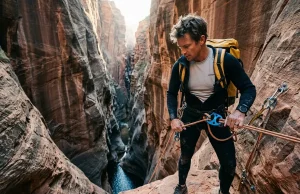 Canyoneering Basics Gear That Survives the Slot Male hiker starting a canyoneering descent with specialized technical gear