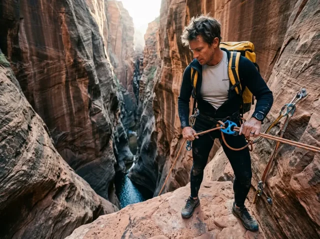 canyoneering-basics-for-hikers-getting-started Male hiker starting a canyoneering descent with specialized technical gear