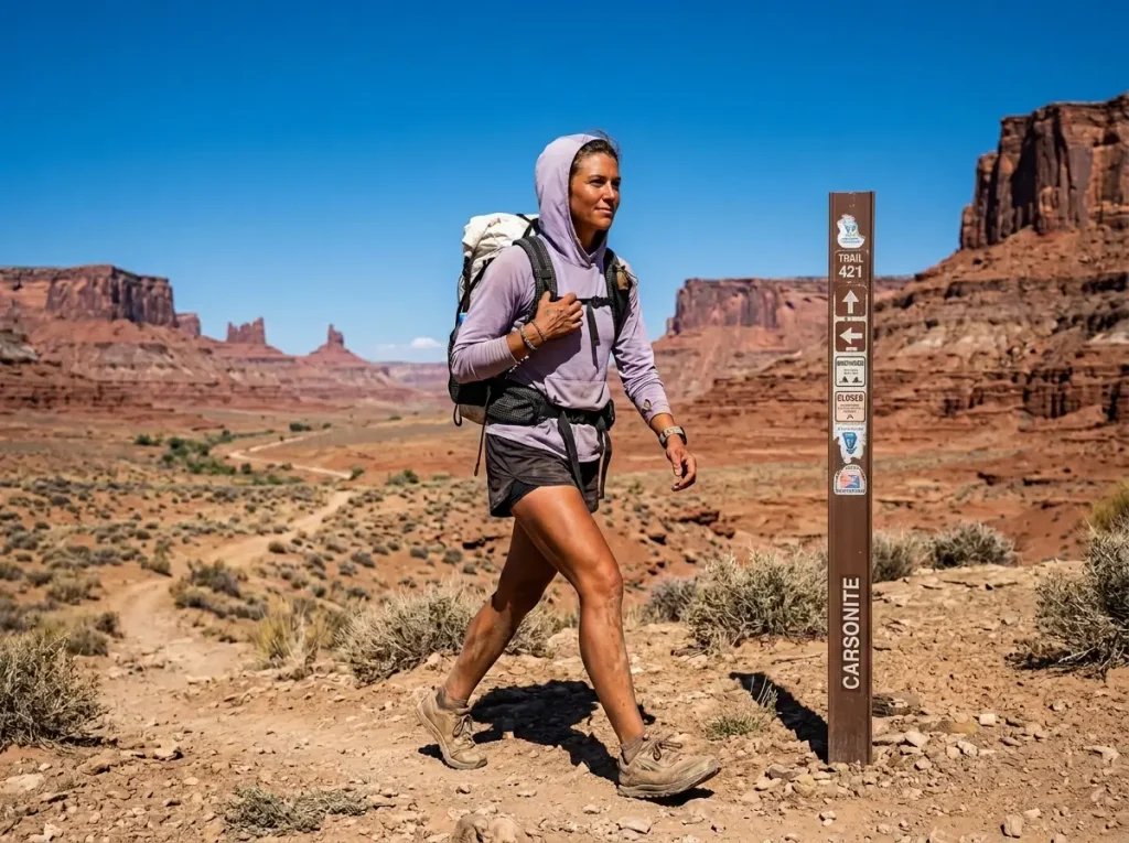 Thru-hiker confidently striding past a brown fiberglass trail marker post in a vast, arid western desert landscape.