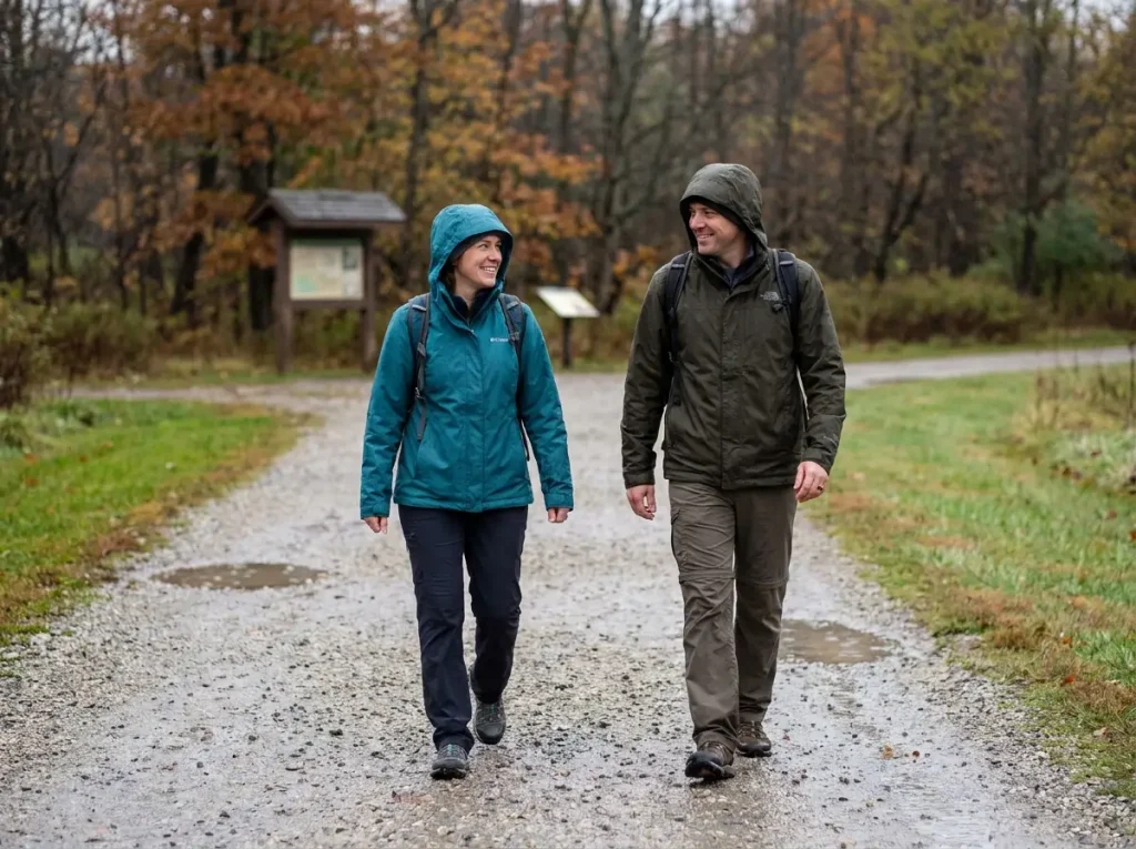 Casual hikers on an easy trail wearing 3-in-1 jackets in light rain
