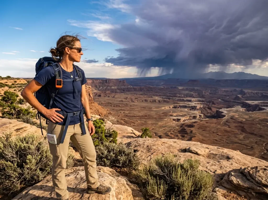 Canyoneer assessing a distant watershed for flash flood risk under storm clouds