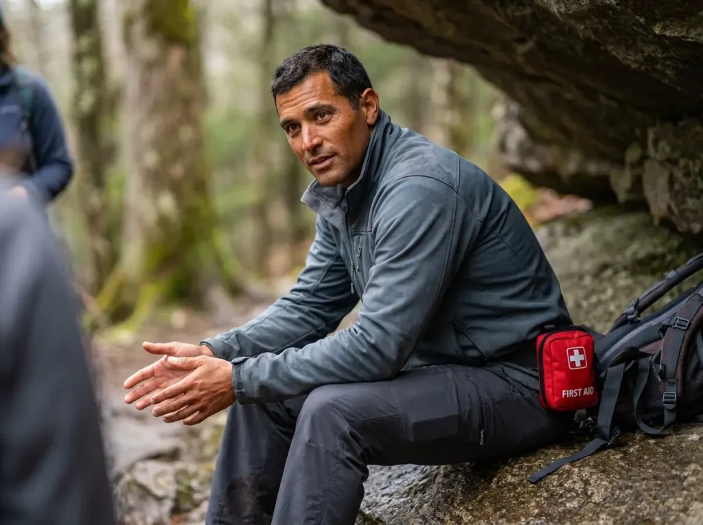 Empathetic male hike leader listening from trailside boulder