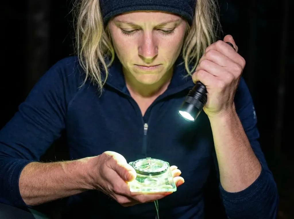 Hiker carefully charging luminous compass markers on a night navigation hike.