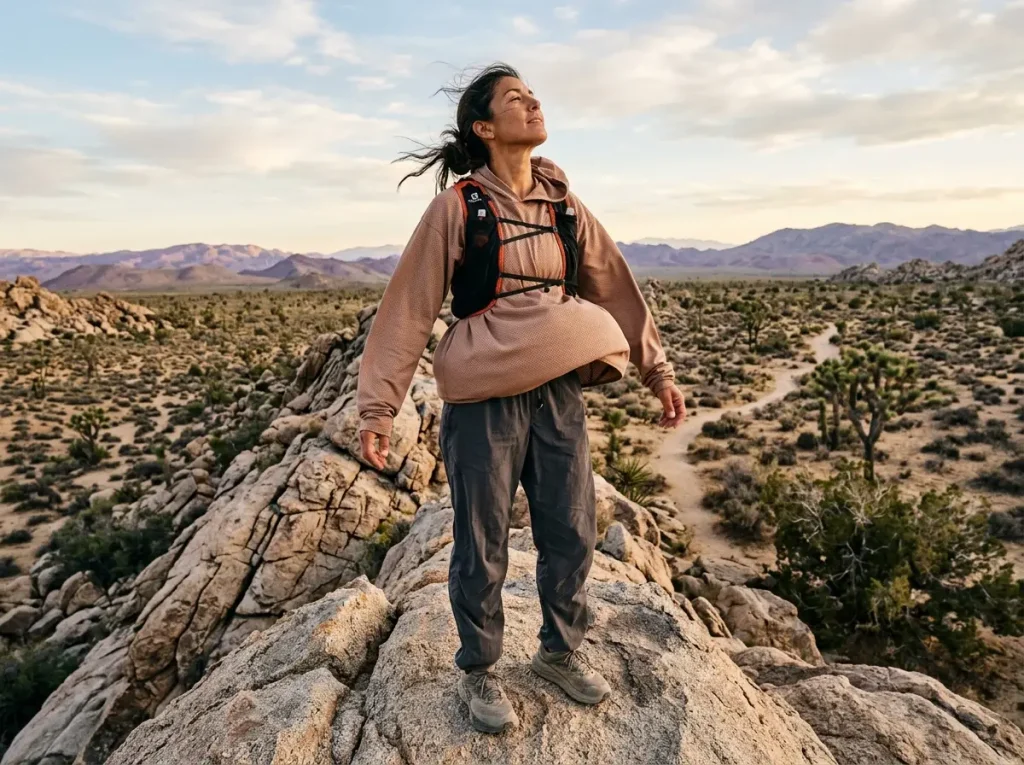 Female hiker utilizing the chimney effect with loose desert clothing.