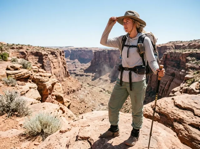 choosing-hiking-clothes-for-desert-heat-patagonia Female hiker evaluating choices in hiking clothes for desert heat on a canyon rim.